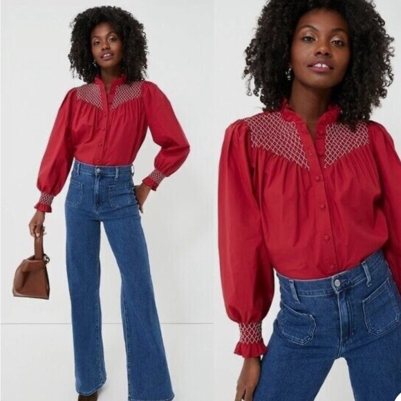 The Shirt by Rochelle Behrens Nicole top in  navy/orange smocking, long sleeve - Picture 7 of 8